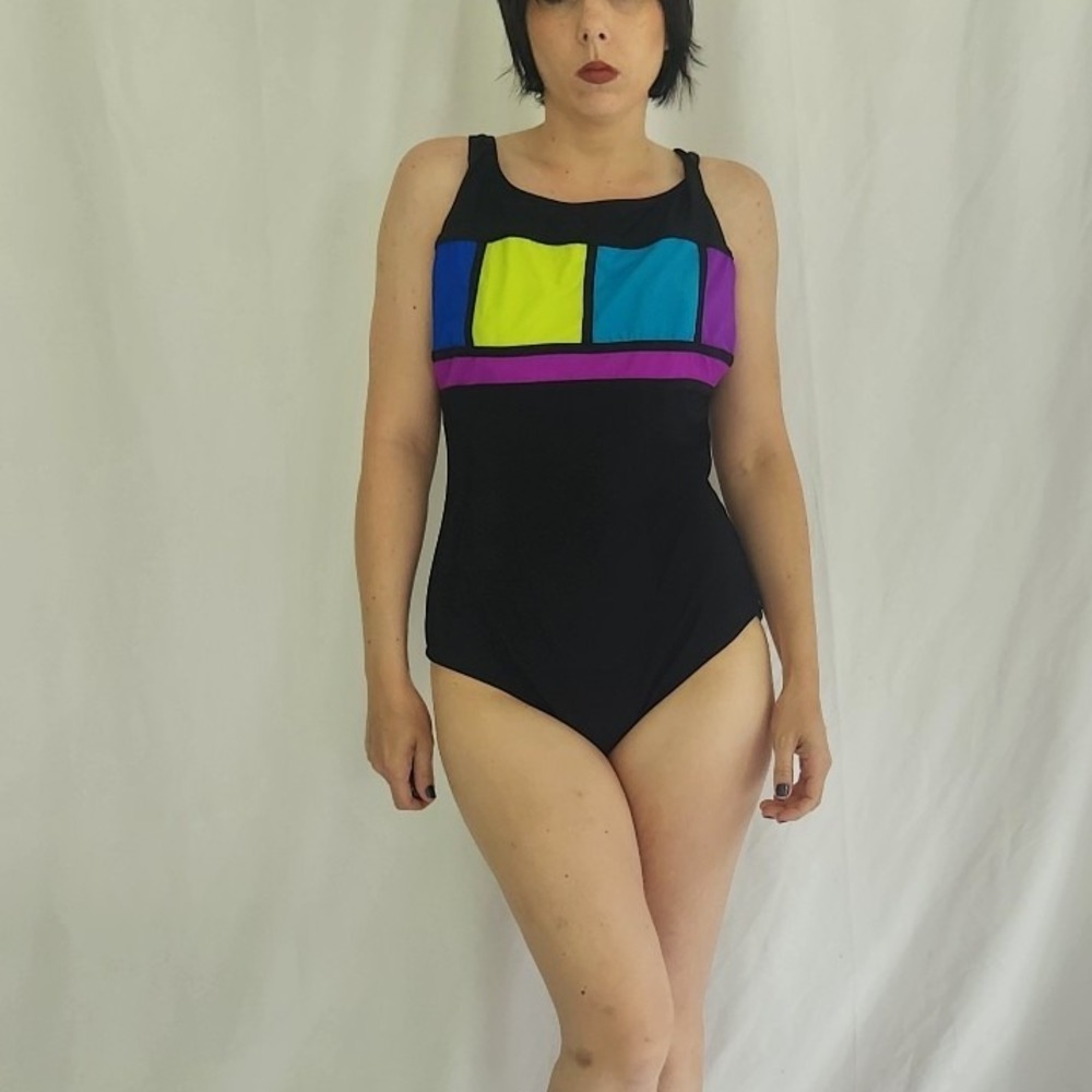 90s‎ Black, Purple, Green, and Blue One Piece Swimsuit